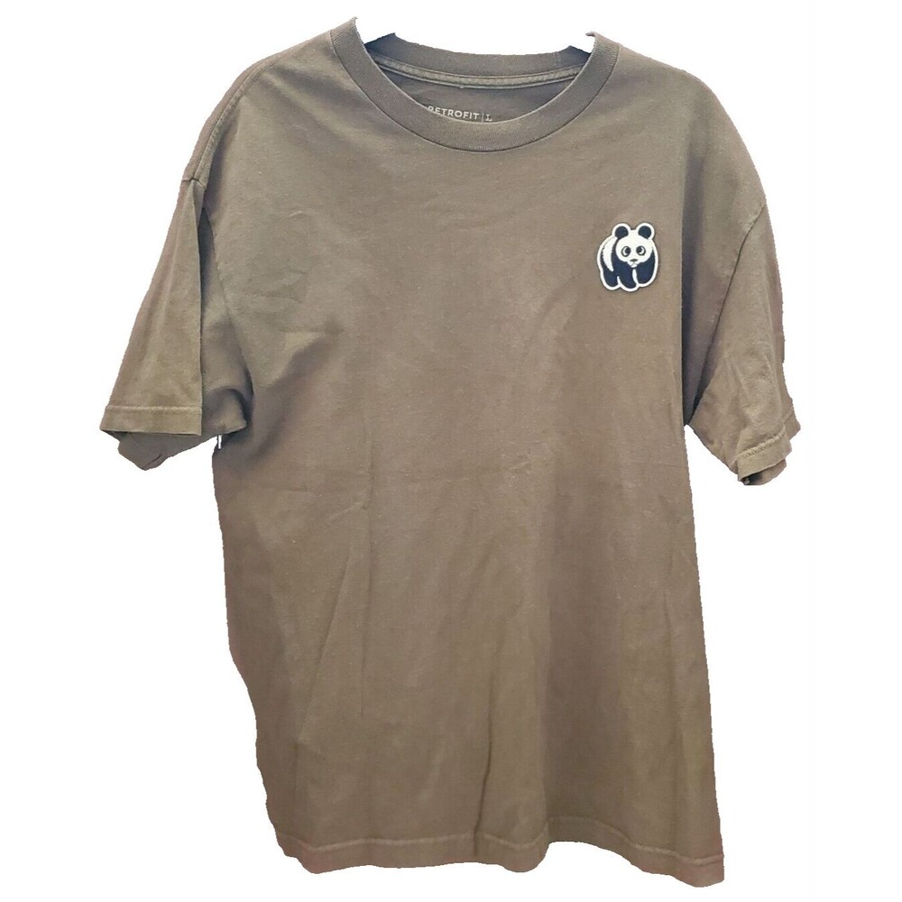 RETROFIT Panda T-Shirt Mens Large Olive Short Sleeve Embroidered Patch Graphic T